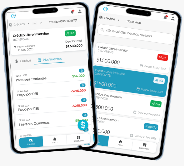 App móvil mostrando movimientos y solicitudes