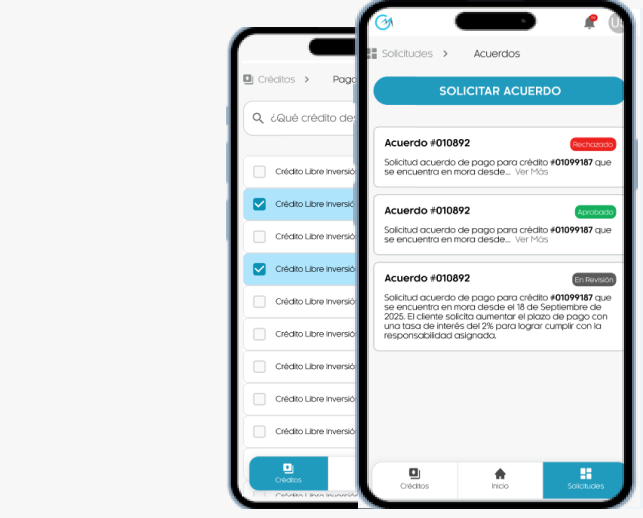 App móvil con solicitudes y acuerdos de pago
