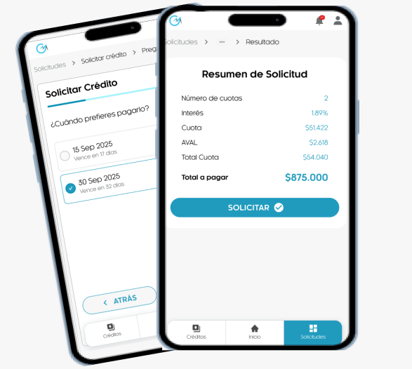 App móvil mostrando la solicitud de crédito