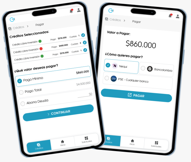 App móvil mostrando pagos de créditos